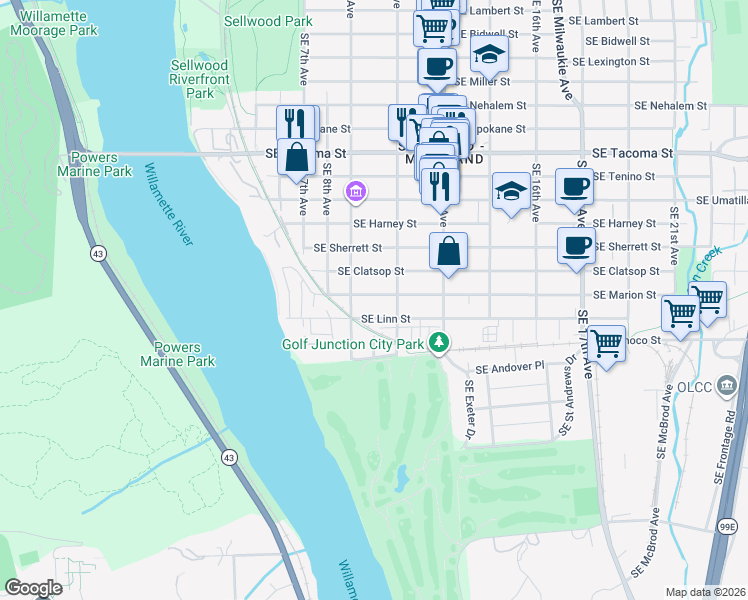 map of restaurants, bars, coffee shops, grocery stores, and more near 946 Southeast Marion Street in Portland