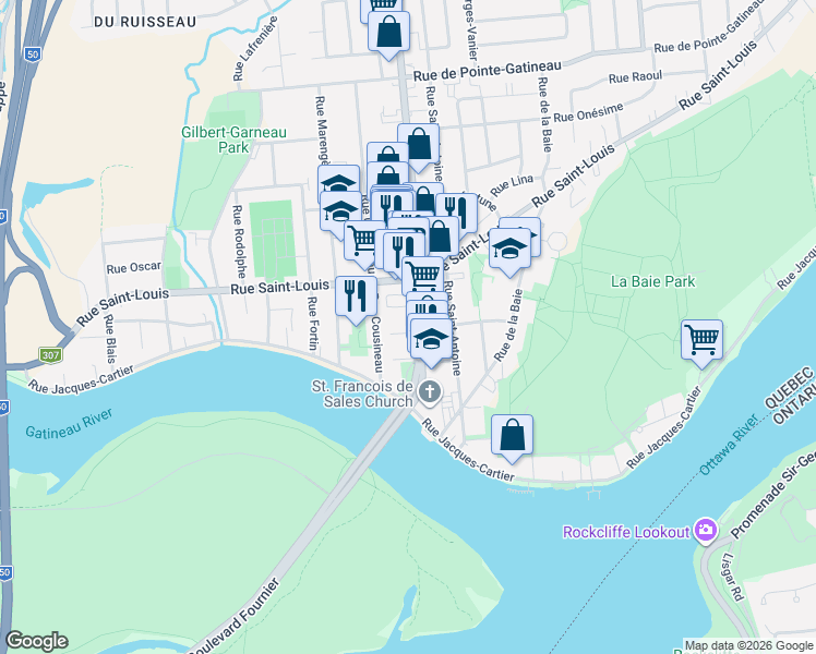 map of restaurants, bars, coffee shops, grocery stores, and more near 34 Boulevard Gréber in Gatineau