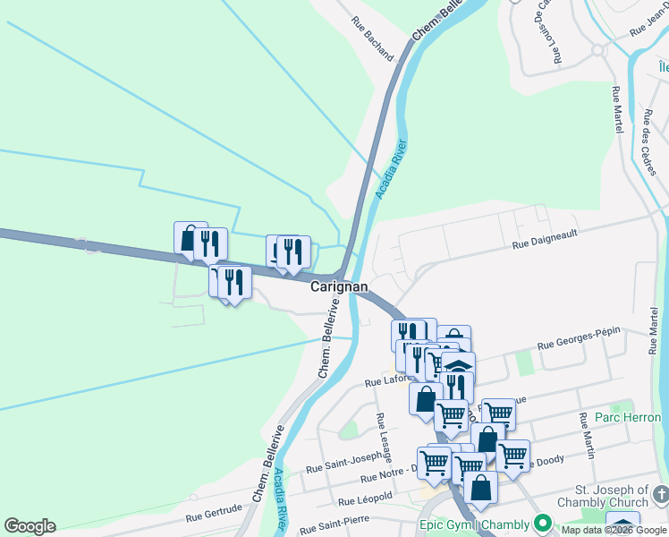 map of restaurants, bars, coffee shops, grocery stores, and more near 2694 Chemin Bellerive in Carignan