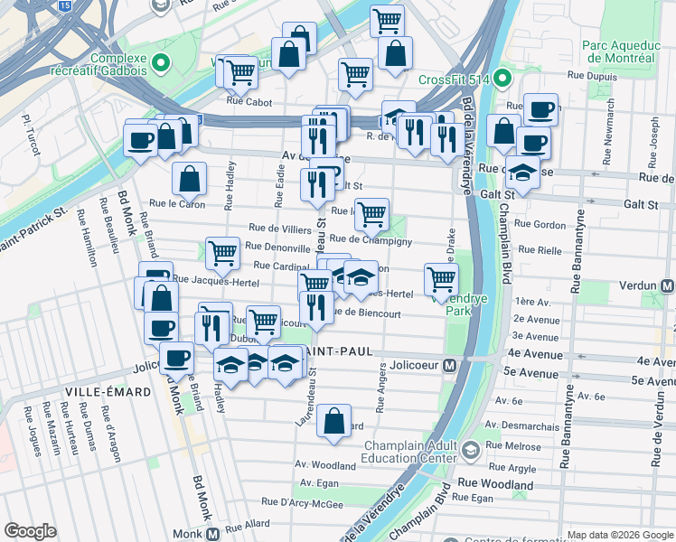 map of restaurants, bars, coffee shops, grocery stores, and more near 1746 Rue Leprohon in Montréal