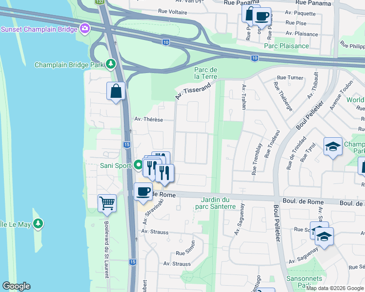map of restaurants, bars, coffee shops, grocery stores, and more near 1965 Croissant Toscanini in Brossard