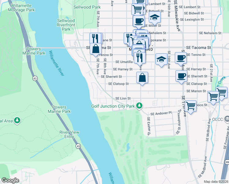 map of restaurants, bars, coffee shops, grocery stores, and more near 908 Southeast Marion Street in Portland