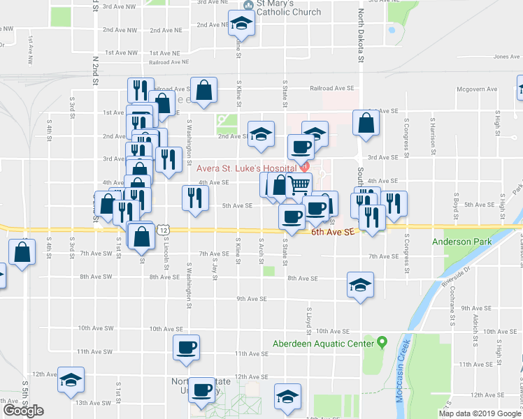 map of restaurants, bars, coffee shops, grocery stores, and more near 515 S Arch St in Aberdeen
