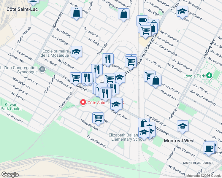 map of restaurants, bars, coffee shops, grocery stores, and more near 7900 Chemin de la Côte Saint Luc in Côte Saint-Luc