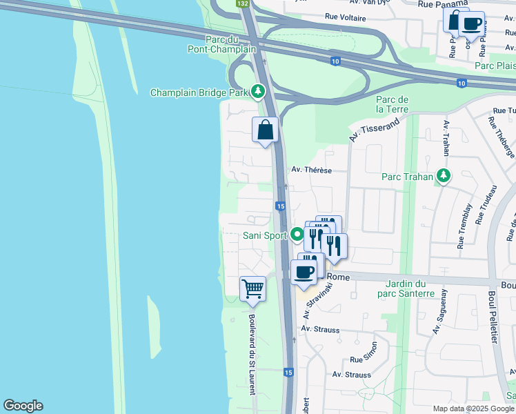 map of restaurants, bars, coffee shops, grocery stores, and more near 7620 Boulevard Marie-Victorin in Brossard