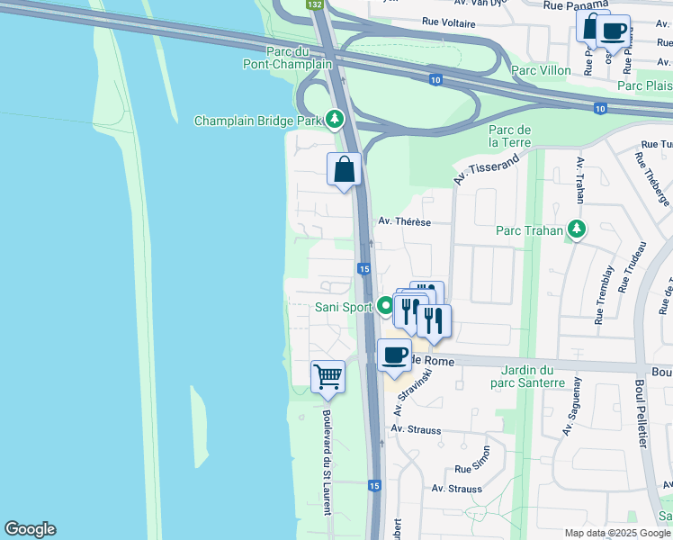 map of restaurants, bars, coffee shops, grocery stores, and more near 7620 Boulevard Marie-Victorin in Brossard