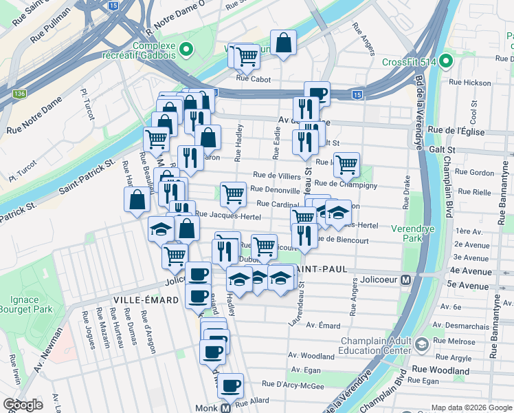 map of restaurants, bars, coffee shops, grocery stores, and more near 1980 Rue Cardinal in Montréal