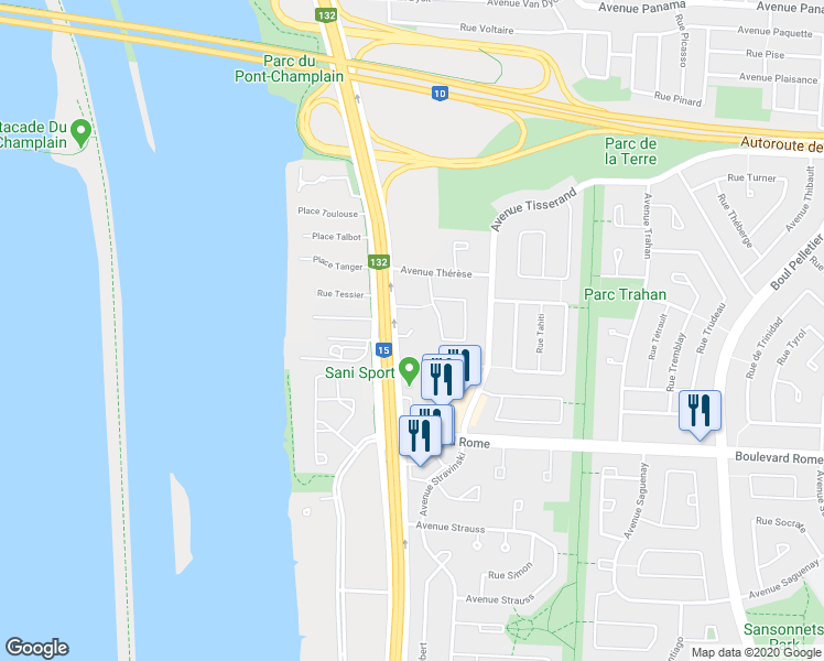 map of restaurants, bars, coffee shops, grocery stores, and more near 345 Place Trianon in Brossard