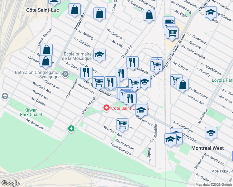 map of restaurants, bars, coffee shops, grocery stores, and more near 5555 Avenue Westminster in Côte Saint-Luc