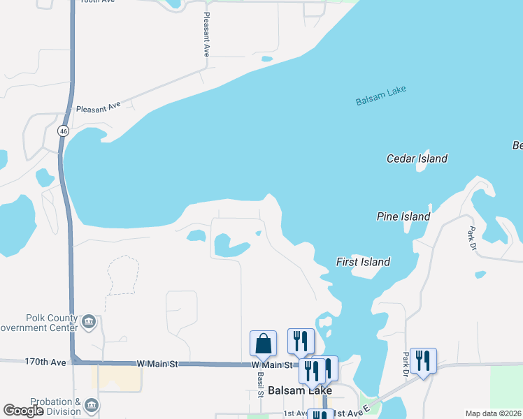 map of restaurants, bars, coffee shops, grocery stores, and more near 715 Idlewild Street in Balsam Lake