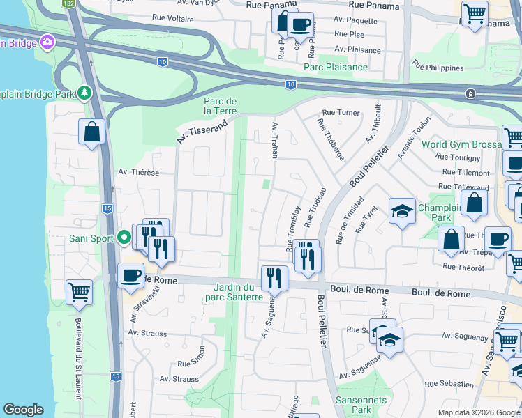 map of restaurants, bars, coffee shops, grocery stores, and more near 7625 Avenue Trahan in Brossard