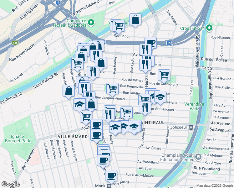 map of restaurants, bars, coffee shops, grocery stores, and more near 2036 Rue Cardinal in Montréal