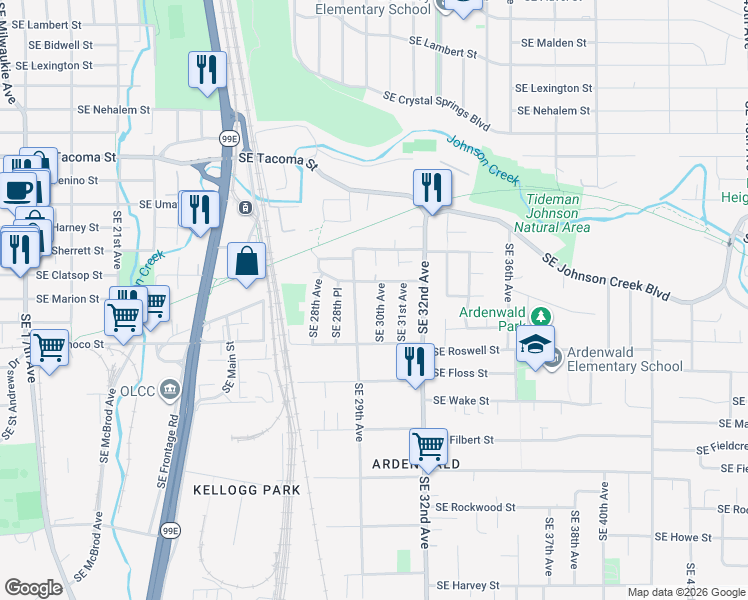 map of restaurants, bars, coffee shops, grocery stores, and more near 2912 Southeast Van Waters Street in Milwaukie