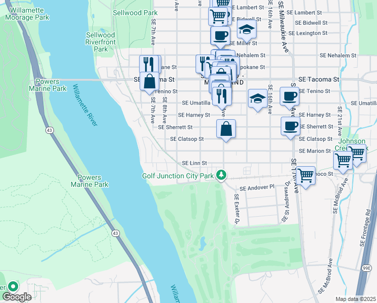 map of restaurants, bars, coffee shops, grocery stores, and more near 916 Southeast Clatsop Street in Portland