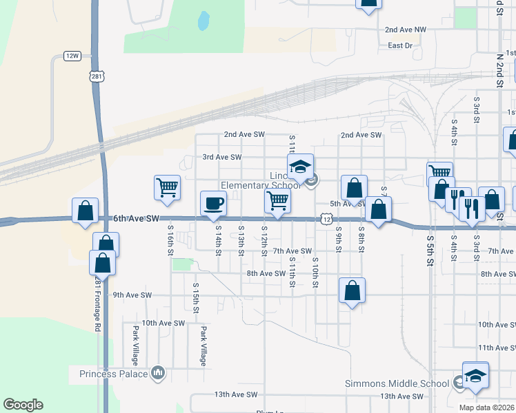 map of restaurants, bars, coffee shops, grocery stores, and more near 421 South 13th Street in Aberdeen