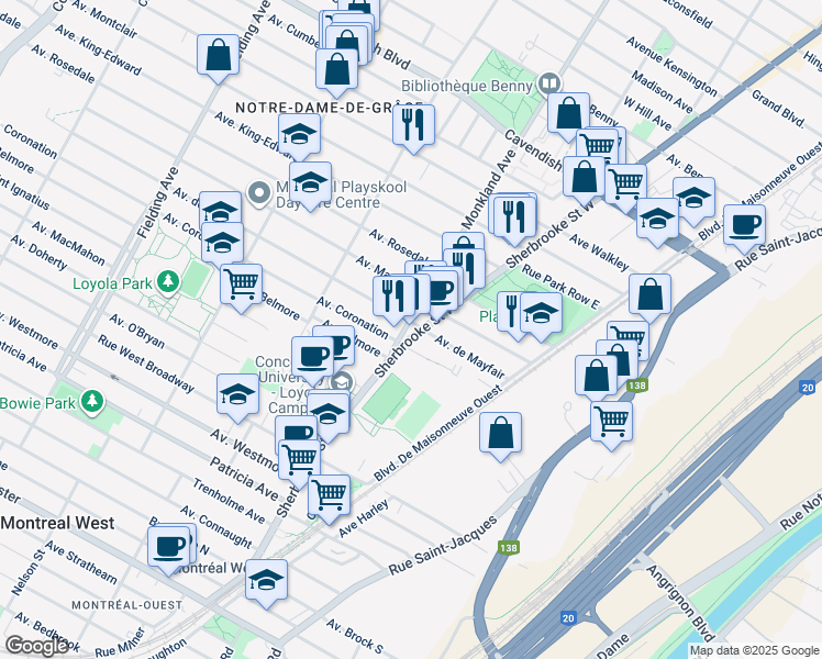 map of restaurants, bars, coffee shops, grocery stores, and more near 6959 Rue Sherbrooke Ouest in Montréal