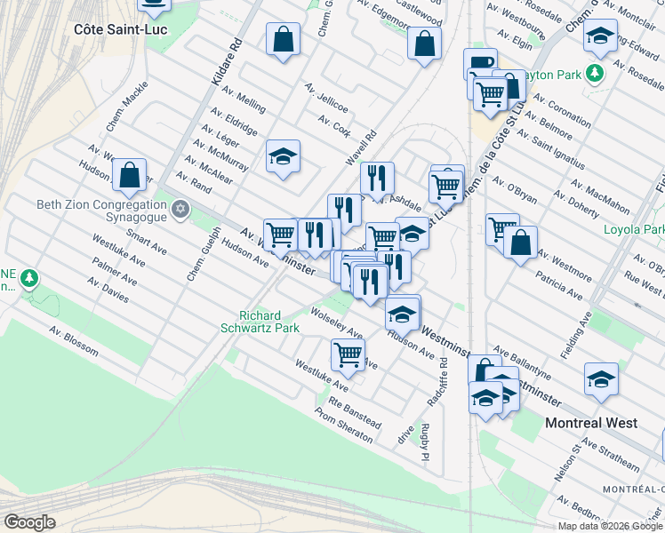 map of restaurants, bars, coffee shops, grocery stores, and more near in Côte Saint-Luc