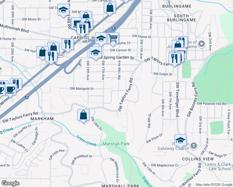 map of restaurants, bars, coffee shops, grocery stores, and more near 8938 Southwest 15th Avenue in Portland