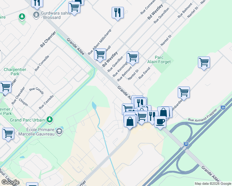 map of restaurants, bars, coffee shops, grocery stores, and more near 7210 Rue du Chardonneret in Brossard