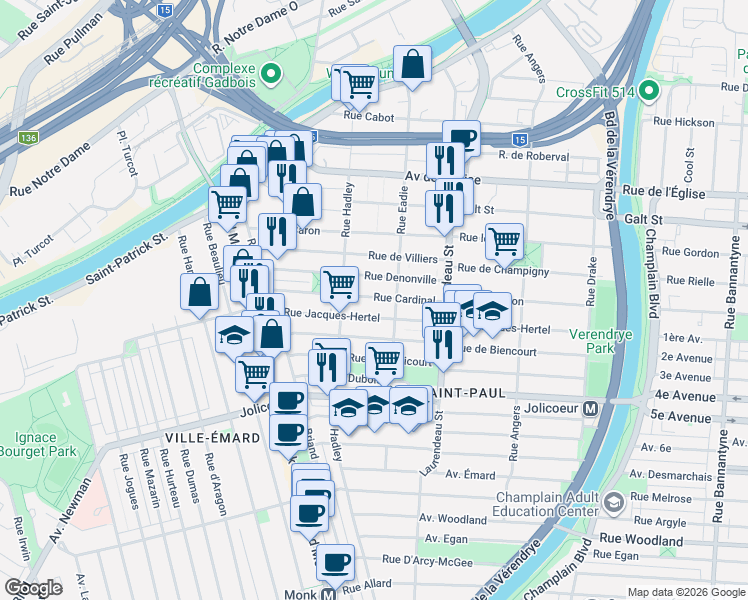map of restaurants, bars, coffee shops, grocery stores, and more near 1980 Rue Cardinal in Montreal