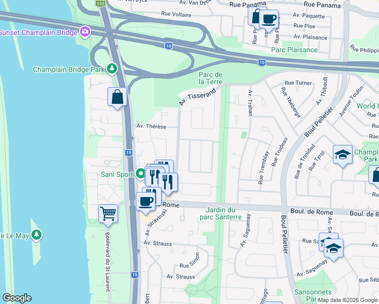 map of restaurants, bars, coffee shops, grocery stores, and more near 1975 Croissant Toscanini in Brossard