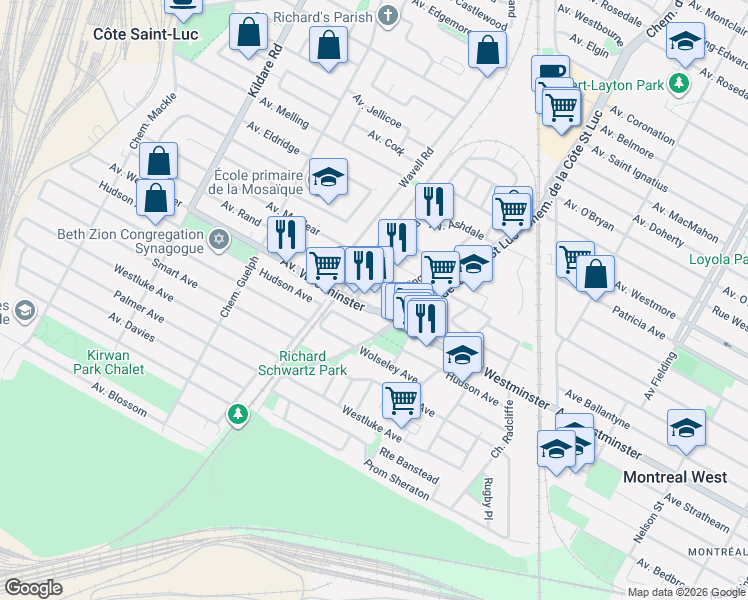 map of restaurants, bars, coffee shops, grocery stores, and more near 5555 Avenue Westminster in Côte Saint-Luc