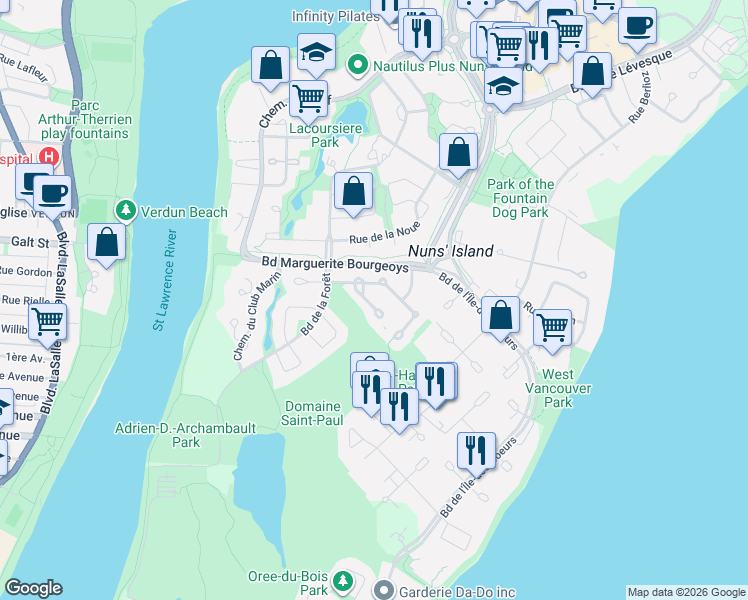 map of restaurants, bars, coffee shops, grocery stores, and more near 29 Rue des Fauvettes in Montréal