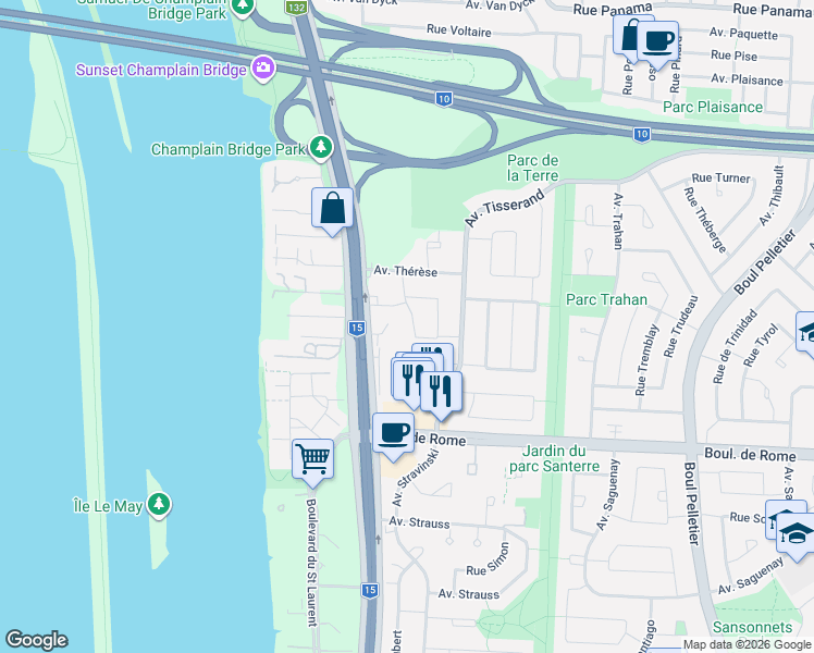 map of restaurants, bars, coffee shops, grocery stores, and more near 1645 Croissant Tourangeau in Brossard
