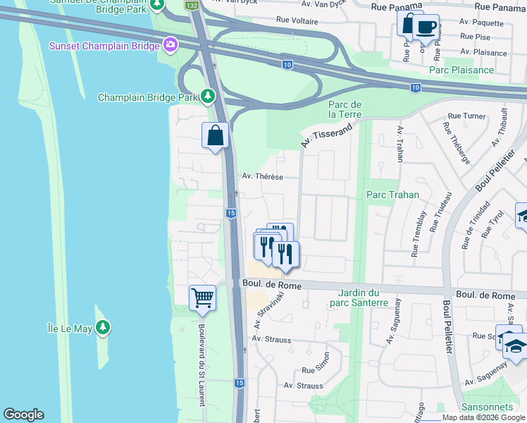 map of restaurants, bars, coffee shops, grocery stores, and more near 1645 Croissant Tourangeau in Brossard
