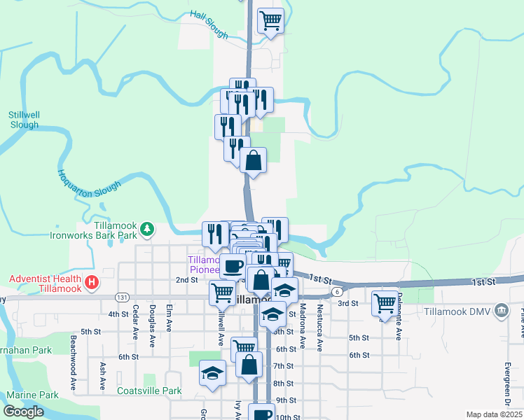 map of restaurants, bars, coffee shops, grocery stores, and more near 405 Main Avenue North in Tillamook