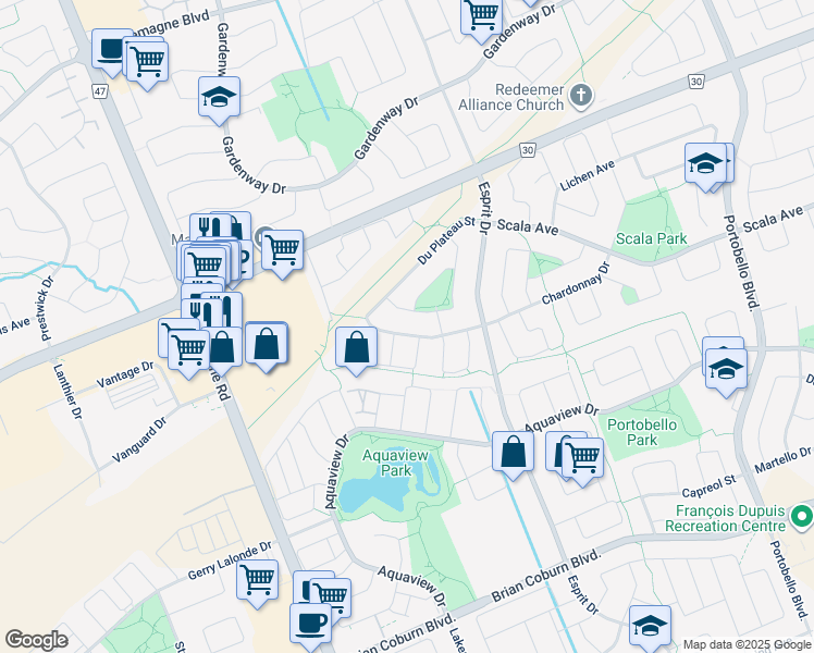 map of restaurants, bars, coffee shops, grocery stores, and more near 559 Chardonnay Drive in Ottawa