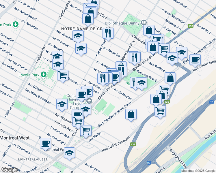 map of restaurants, bars, coffee shops, grocery stores, and more near in Montréal