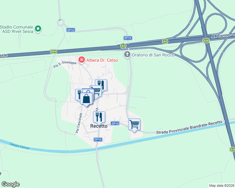 map of restaurants, bars, coffee shops, grocery stores, and more near 21 Via Vercellio in Recetto