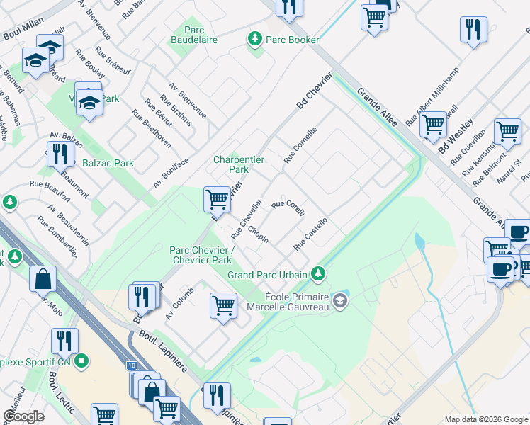 map of restaurants, bars, coffee shops, grocery stores, and more near 6565 Rue Corelli in Brossard