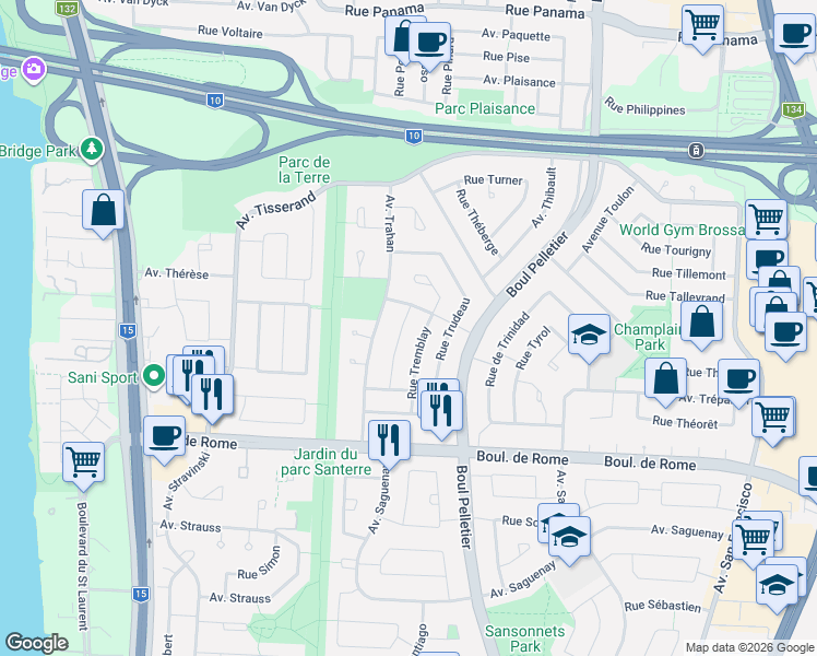 map of restaurants, bars, coffee shops, grocery stores, and more near 7590 Rue Tétrault in Brossard