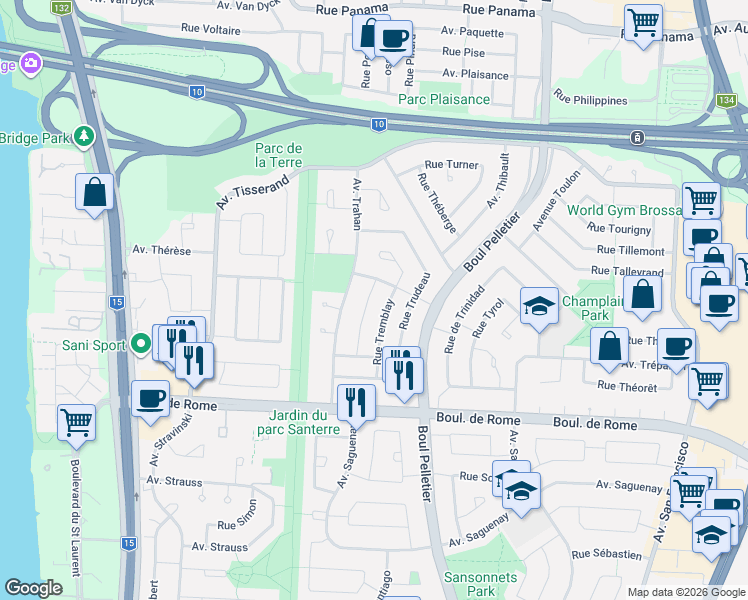 map of restaurants, bars, coffee shops, grocery stores, and more near 7590 Rue Tétrault in Brossard