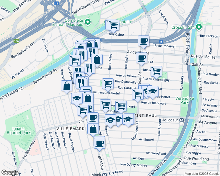 map of restaurants, bars, coffee shops, grocery stores, and more near 5800 Rue Hadley in Montréal