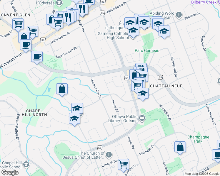 map of restaurants, bars, coffee shops, grocery stores, and more near 1621 Boyer Road in Ottawa