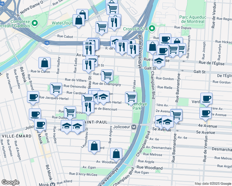 map of restaurants, bars, coffee shops, grocery stores, and more near 1555 Rue Leprohon in Montréal