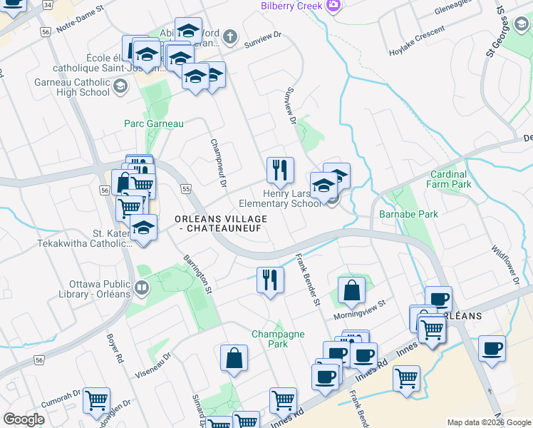 map of restaurants, bars, coffee shops, grocery stores, and more near 1673 Kindersley Avenue in Ottawa