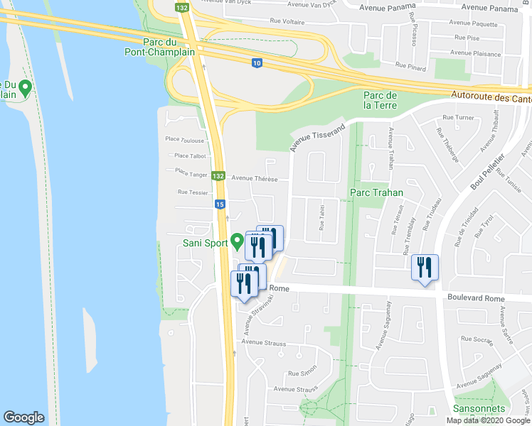 map of restaurants, bars, coffee shops, grocery stores, and more near 1860 Croissant Tourangeau in Brossard
