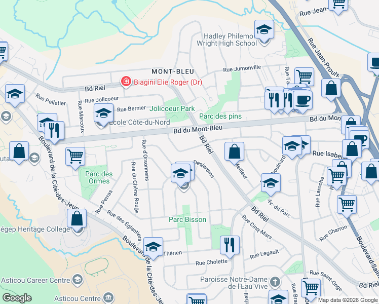 map of restaurants, bars, coffee shops, grocery stores, and more near 77 Rue Jolicoeur in Gatineau