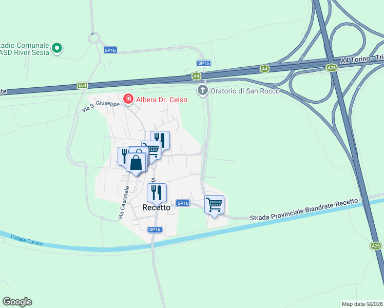 map of restaurants, bars, coffee shops, grocery stores, and more near 21 Via Vercellio in Recetto