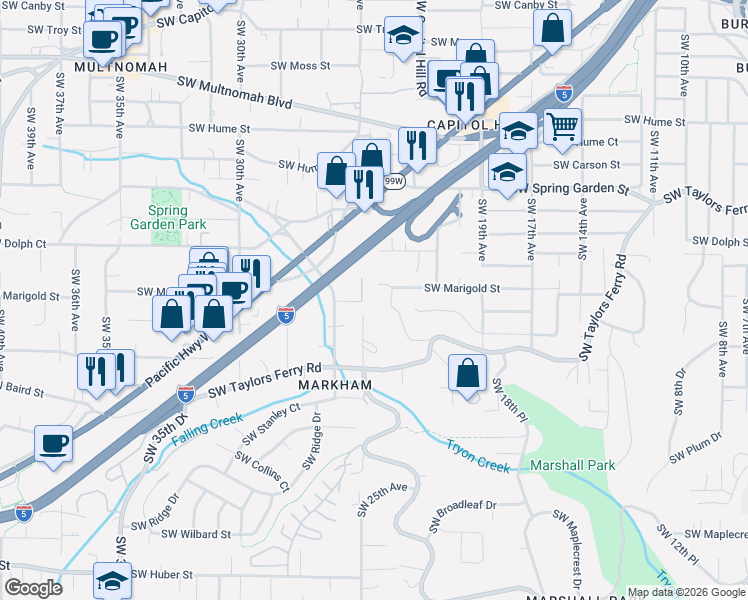 map of restaurants, bars, coffee shops, grocery stores, and more near 8952 Southwest 25th Avenue in Portland