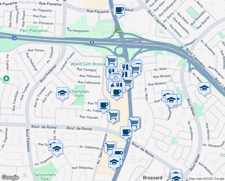 map of restaurants, bars, coffee shops, grocery stores, and more near 7250 Boulevard Taschereau in Brossard