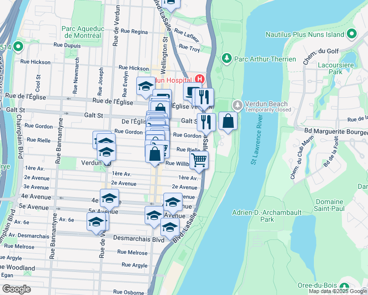 map of restaurants, bars, coffee shops, grocery stores, and more near 109 Rue Rielle in Montréal