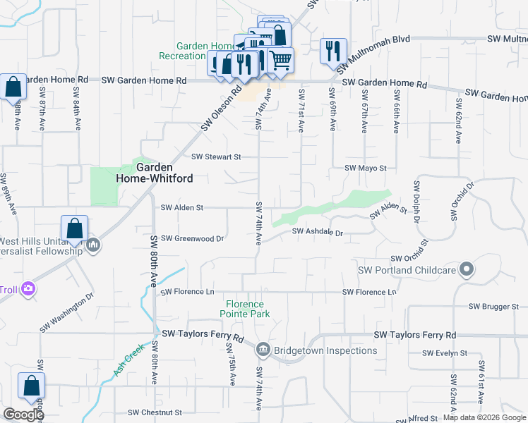map of restaurants, bars, coffee shops, grocery stores, and more near 8254 Southwest 74th Avenue in Portland