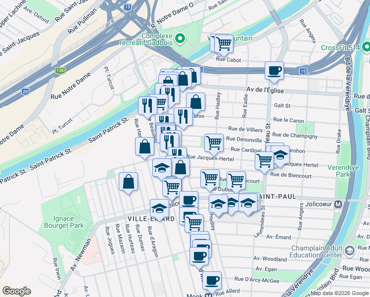 map of restaurants, bars, coffee shops, grocery stores, and more near 2266 Rue Cardinal in Montréal