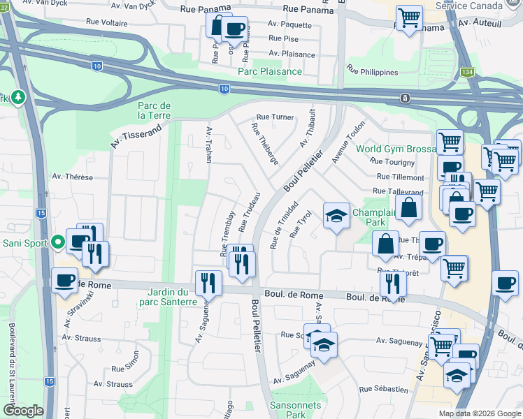 map of restaurants, bars, coffee shops, grocery stores, and more near 7410 Boulevard Pelletier in Brossard