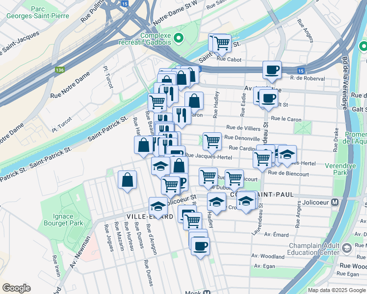 map of restaurants, bars, coffee shops, grocery stores, and more near 2266 Rue Cardinal in Montréal